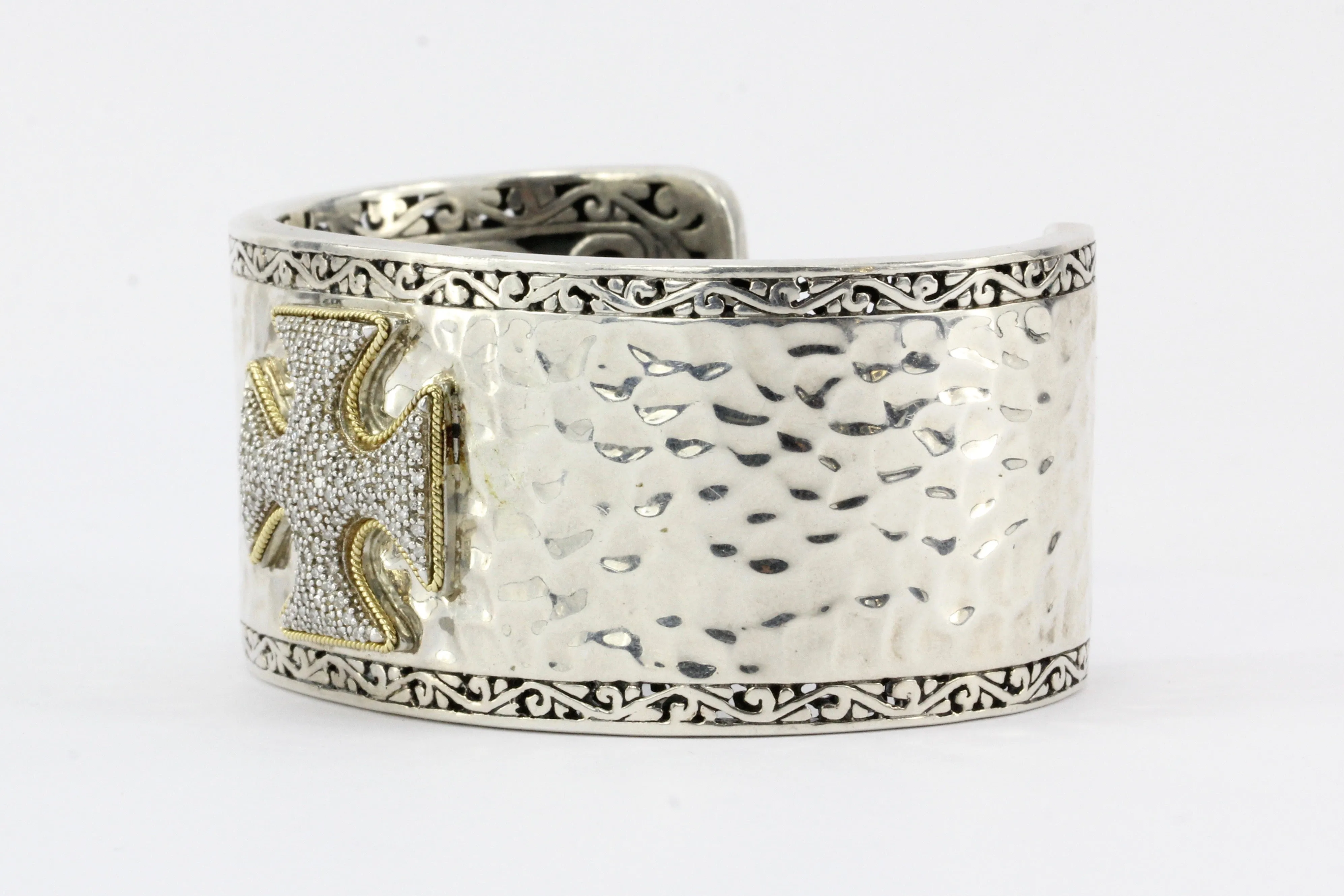Effy Pave Diamond Two Tone Sterling Silver & 18K Yellow Gold Cross Cuff