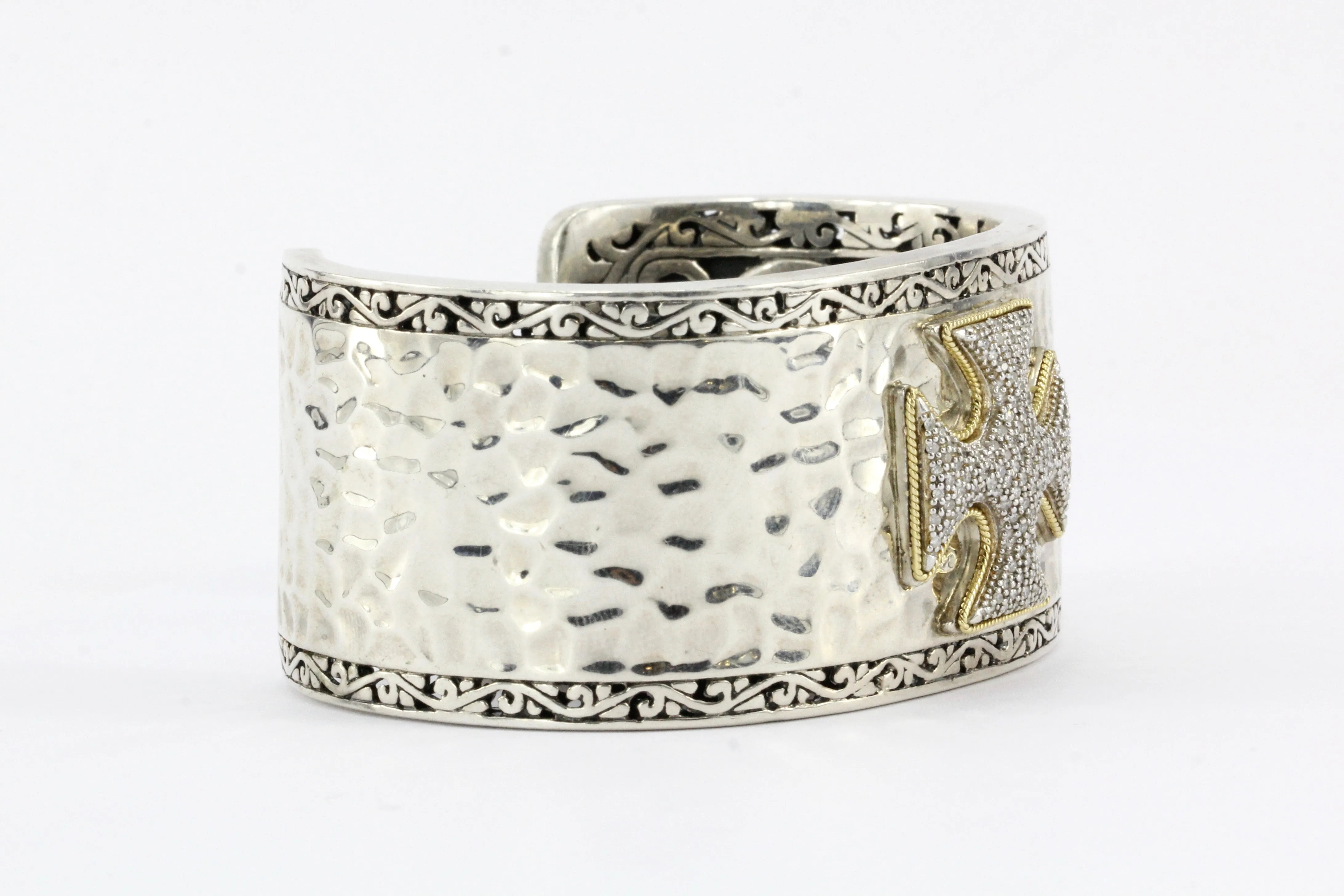 Effy Pave Diamond Two Tone Sterling Silver & 18K Yellow Gold Cross Cuff