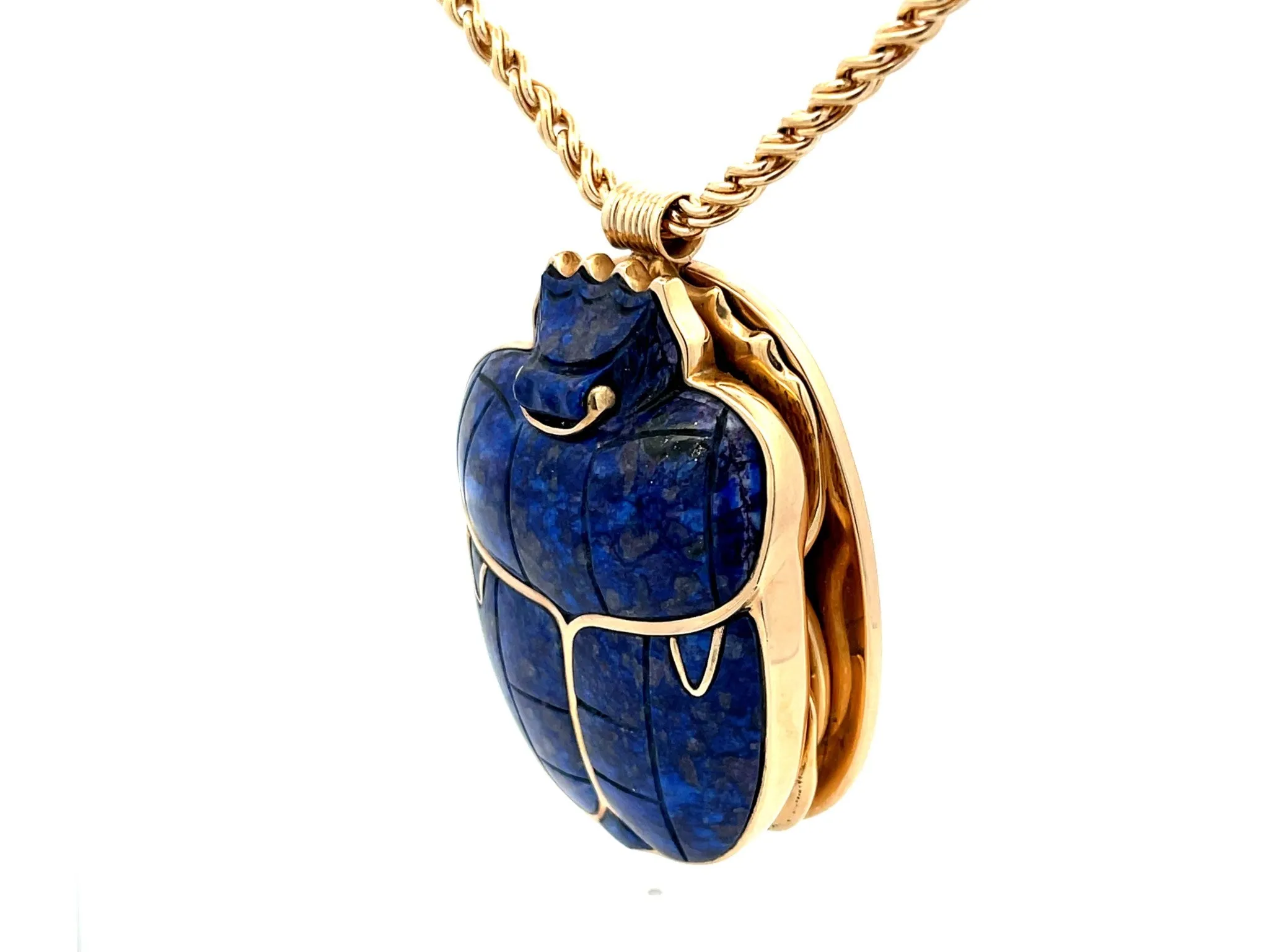 Egyptian Lapis Scarab Beetle Pendant with Woven Chain in 14k Yellow Gold
