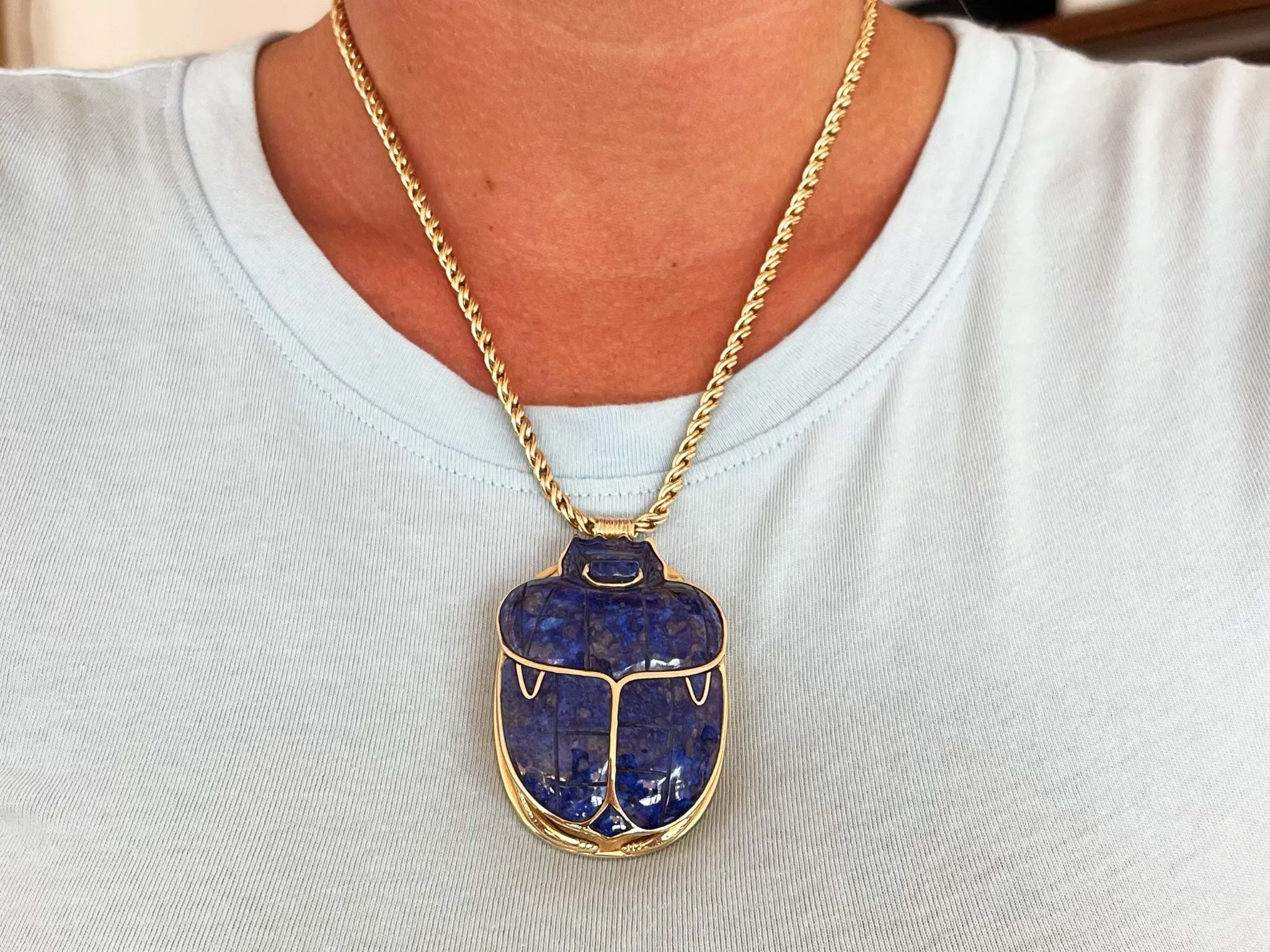 Egyptian Lapis Scarab Beetle Pendant with Woven Chain in 14k Yellow Gold