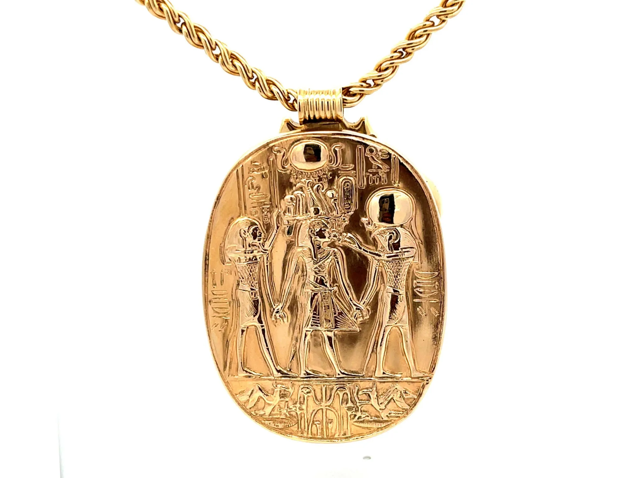 Egyptian Lapis Scarab Beetle Pendant with Woven Chain in 14k Yellow Gold