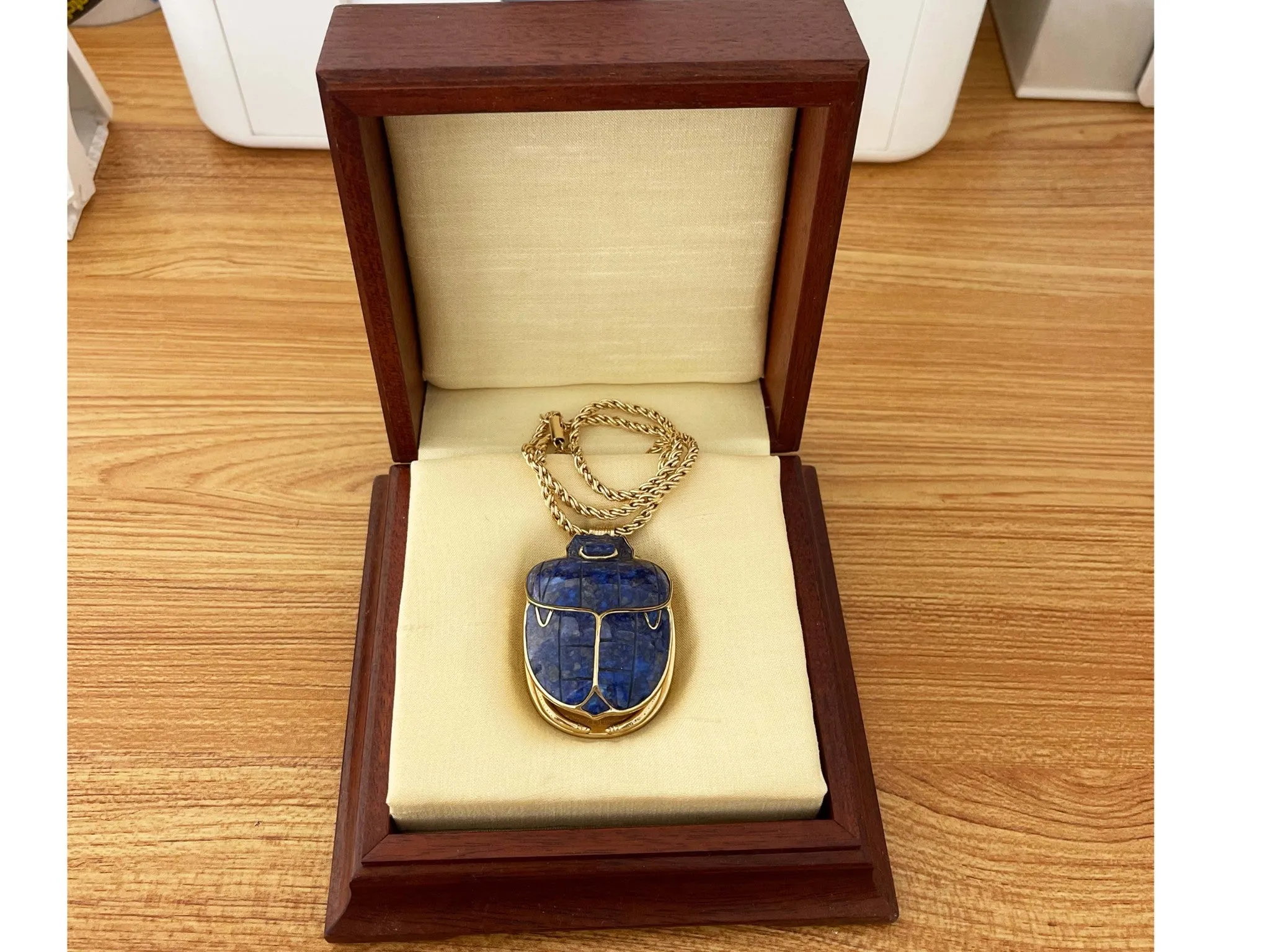 Egyptian Lapis Scarab Beetle Pendant with Woven Chain in 14k Yellow Gold