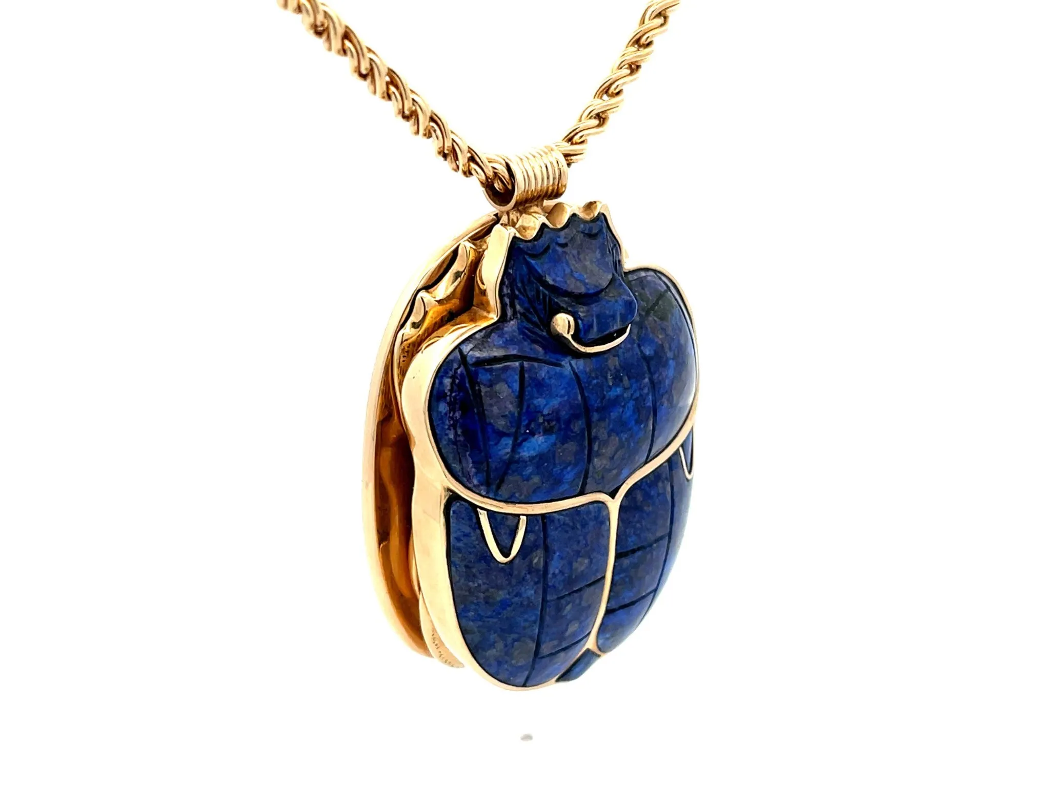 Egyptian Lapis Scarab Beetle Pendant with Woven Chain in 14k Yellow Gold