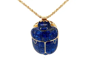 Egyptian Lapis Scarab Beetle Pendant with Woven Chain in 14k Yellow Gold