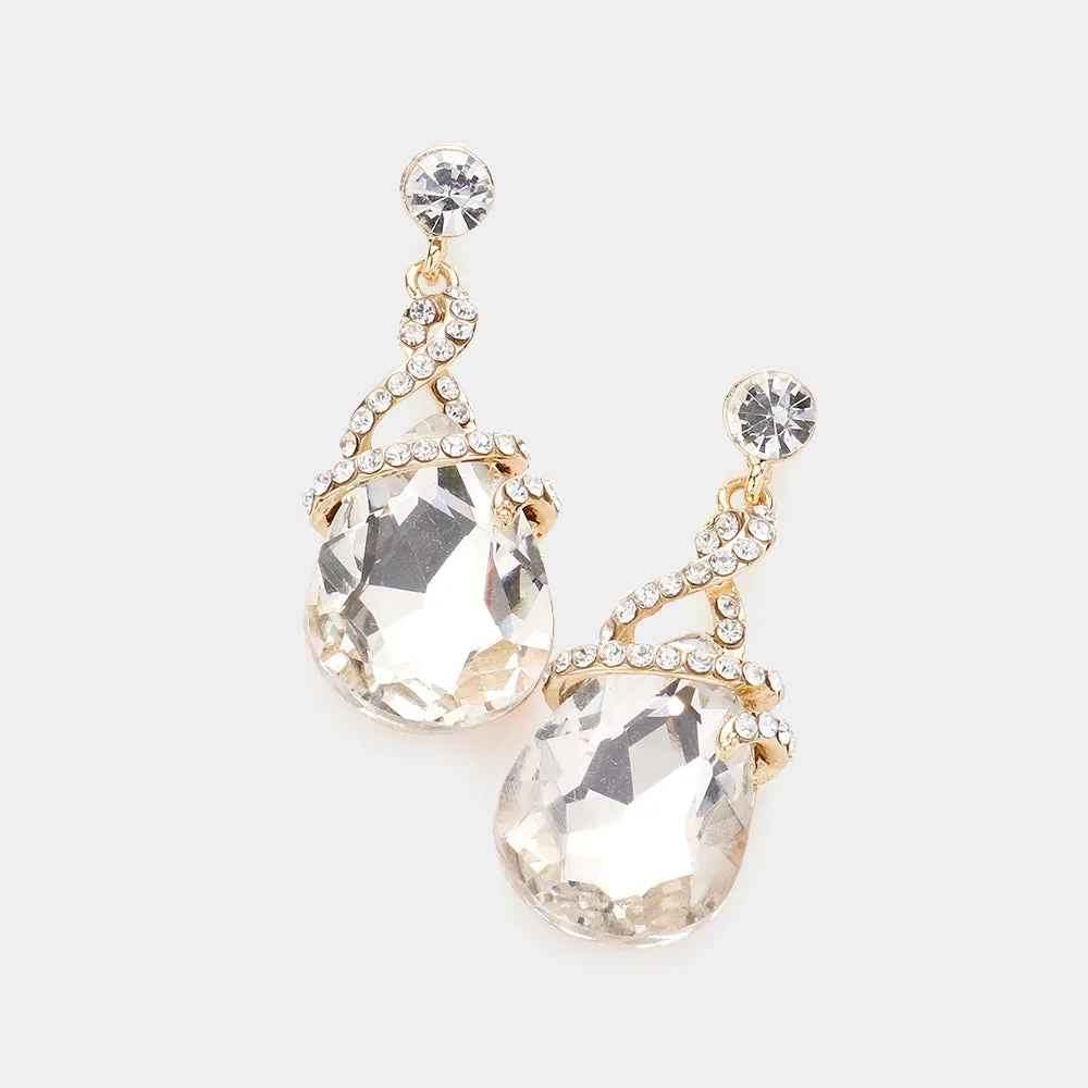 Elegant Clear Teardrop Interview Earrings on Gold | Pageant Earrings | 586759