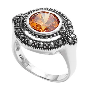 Elegant Oval Marcasite Ring with 1.75 Carat Orange CZ in Sterling Silver.