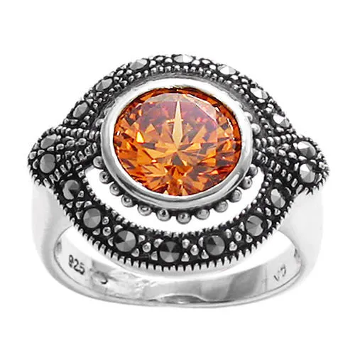 Elegant Oval Marcasite Ring with 1.75 Carat Orange CZ in Sterling Silver.
