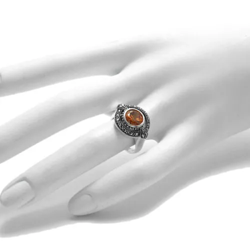 Elegant Oval Marcasite Ring with 1.75 Carat Orange CZ in Sterling Silver.