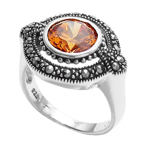 Elegant Oval Marcasite Ring with 1.75 Carat Orange CZ in Sterling Silver.