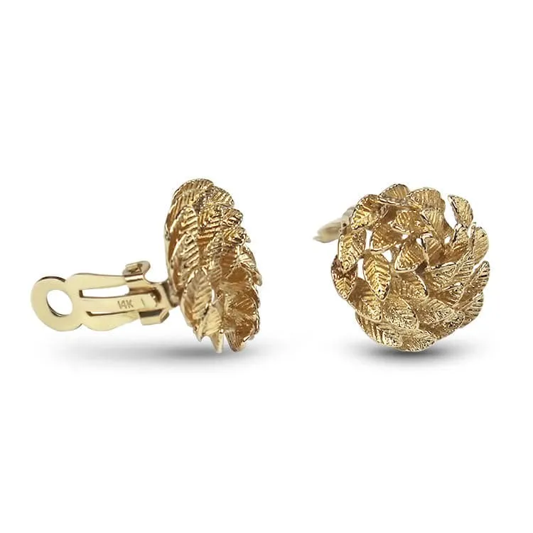 Estate Yellow Gold Textured Floral Swirl Clip Earrings