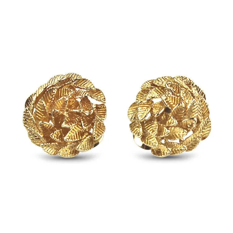 Estate Yellow Gold Textured Floral Swirl Clip Earrings