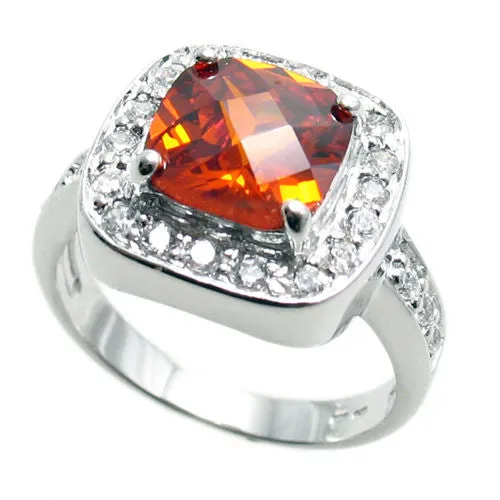 Exquisite Square Cut Yellow Topaz Colored CZ Classic Cocktail Ring in Sterling Silver.