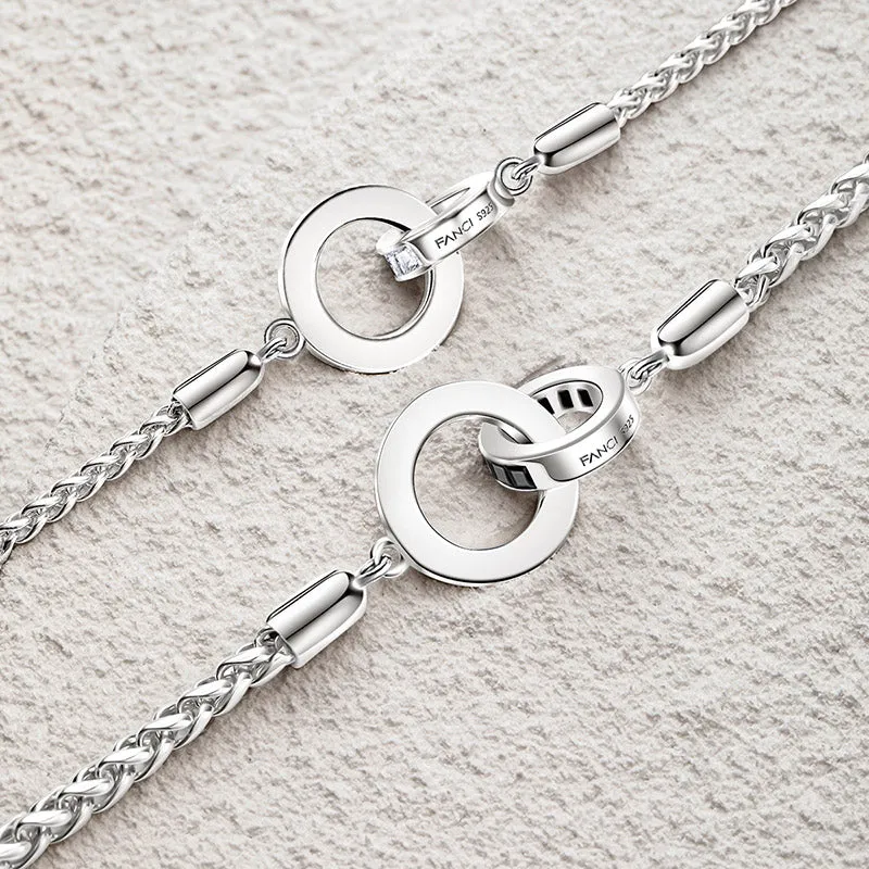 FANCIME "Roman Time" Interlocking Circle Couples Sterling Silver Wheat Chain Bracelets