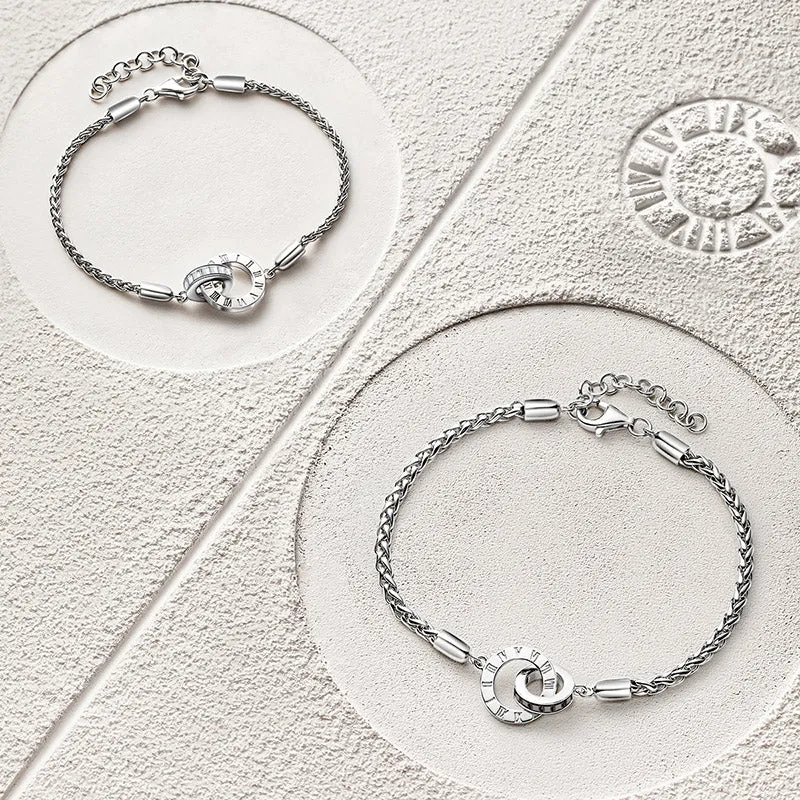 FANCIME "Roman Time" Interlocking Circle Couples Sterling Silver Wheat Chain Bracelets