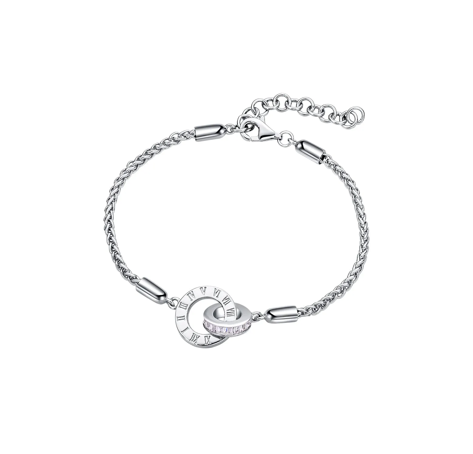 FANCIME "Roman Time" Interlocking Circle Couples Sterling Silver Wheat Chain Bracelets