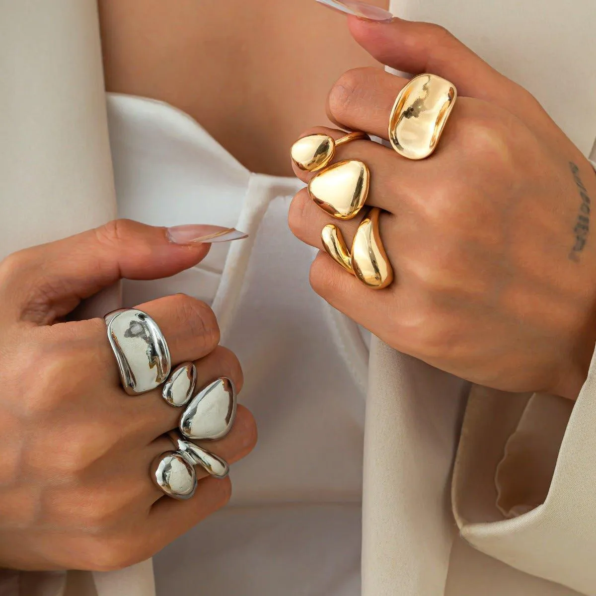 Fashionable Glossy Hug Ring Suit – Geometric Zinc Alloy Rings in Light Gold & White