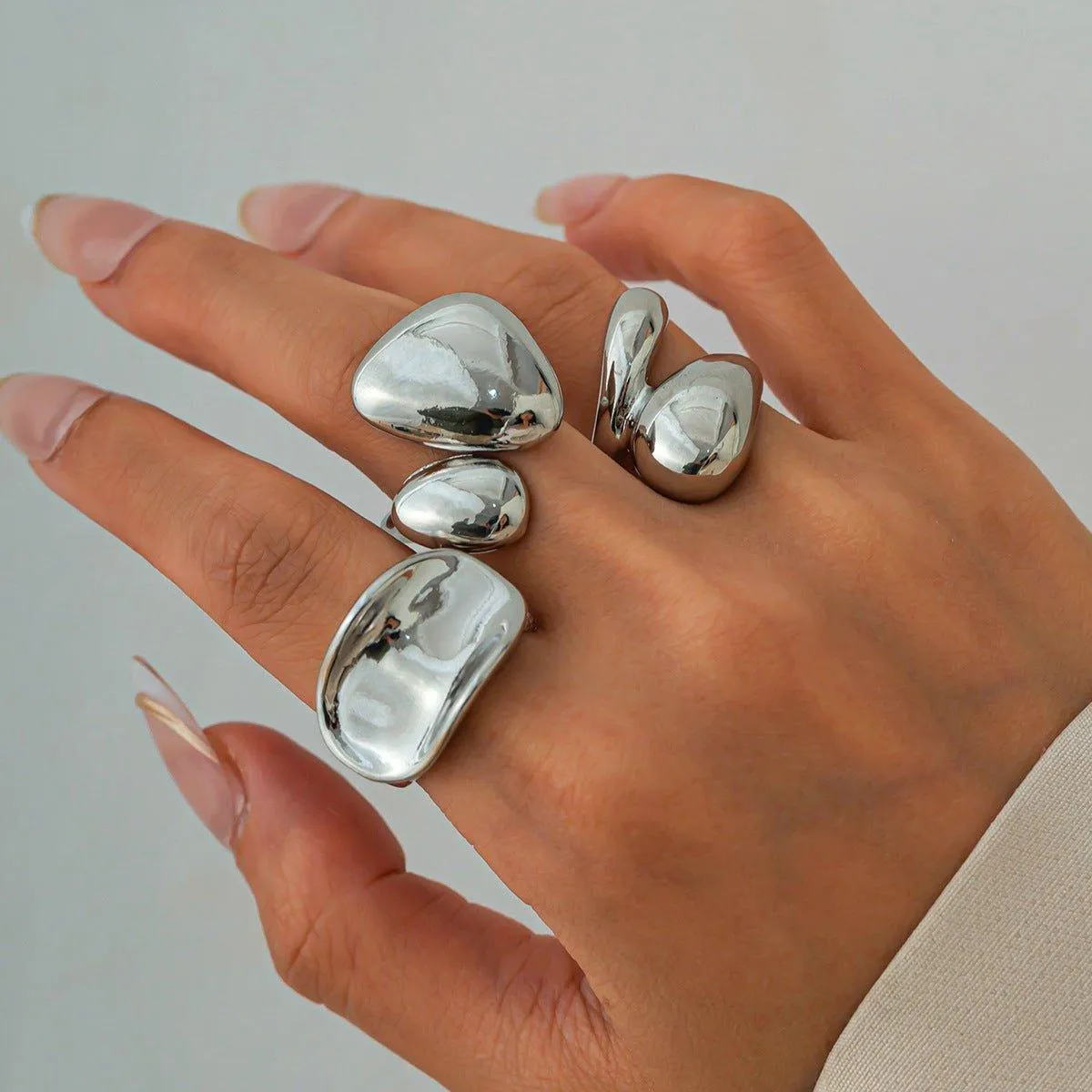 Fashionable Glossy Hug Ring Suit – Geometric Zinc Alloy Rings in Light Gold & White