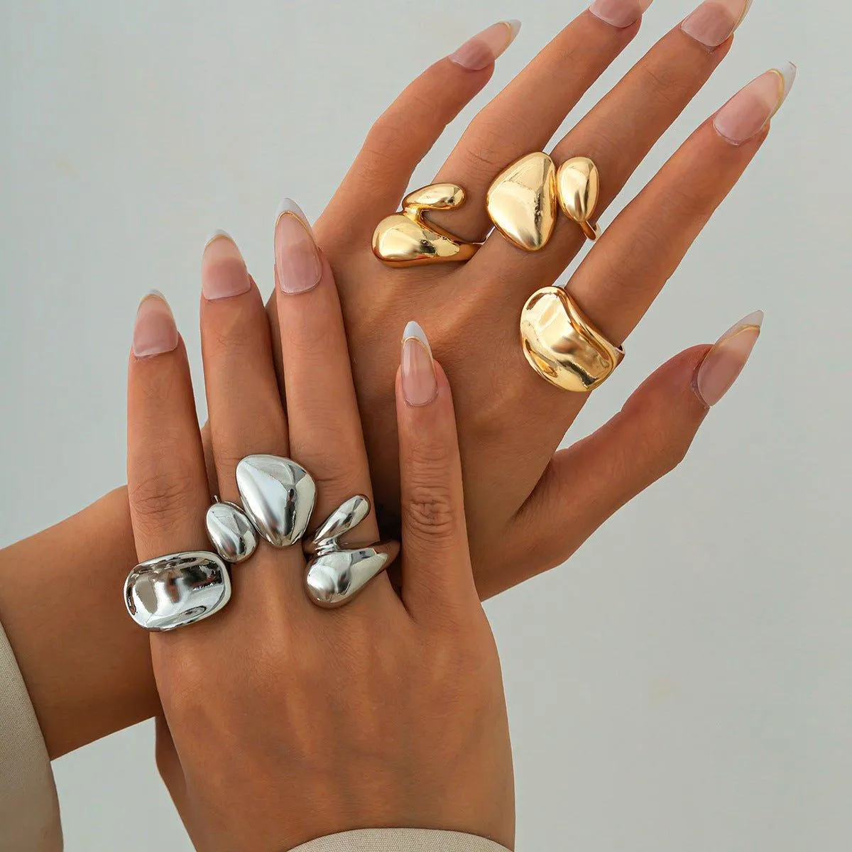 Fashionable Glossy Hug Ring Suit – Geometric Zinc Alloy Rings in Light Gold & White