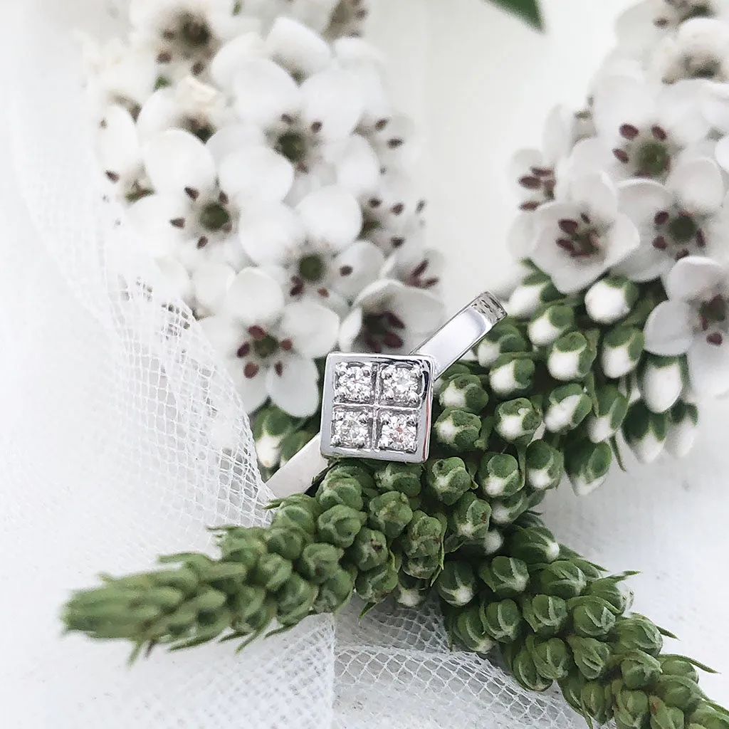 Four White Diamond Square Engagement ring with Diamond V-Pointed Wedding Band Set