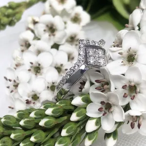 Four White Diamond Square Engagement ring with Diamond V-Pointed Wedding Band Set