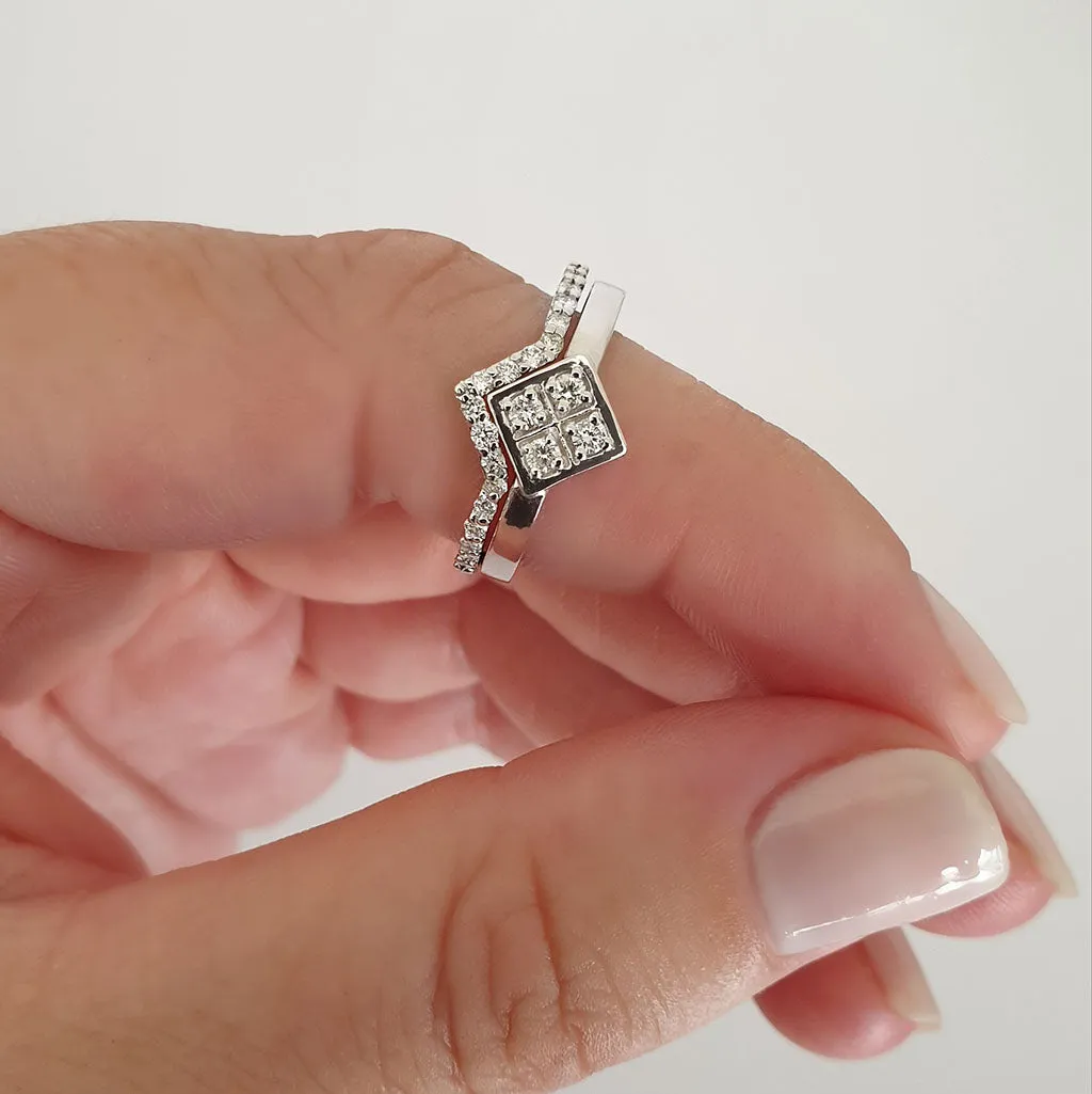 Four White Diamond Square Engagement ring with Diamond V-Pointed Wedding Band Set