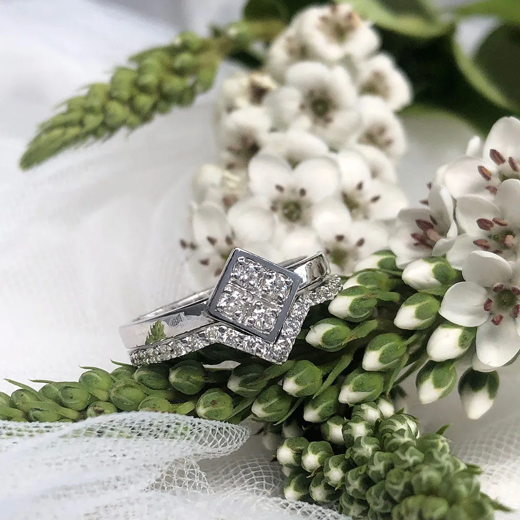 Four White Diamond Square Engagement ring with Diamond V-Pointed Wedding Band Set