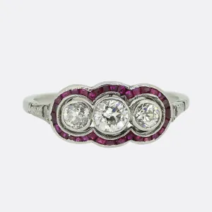 French Art Deco Three-Stone Diamond and Ruby Ring