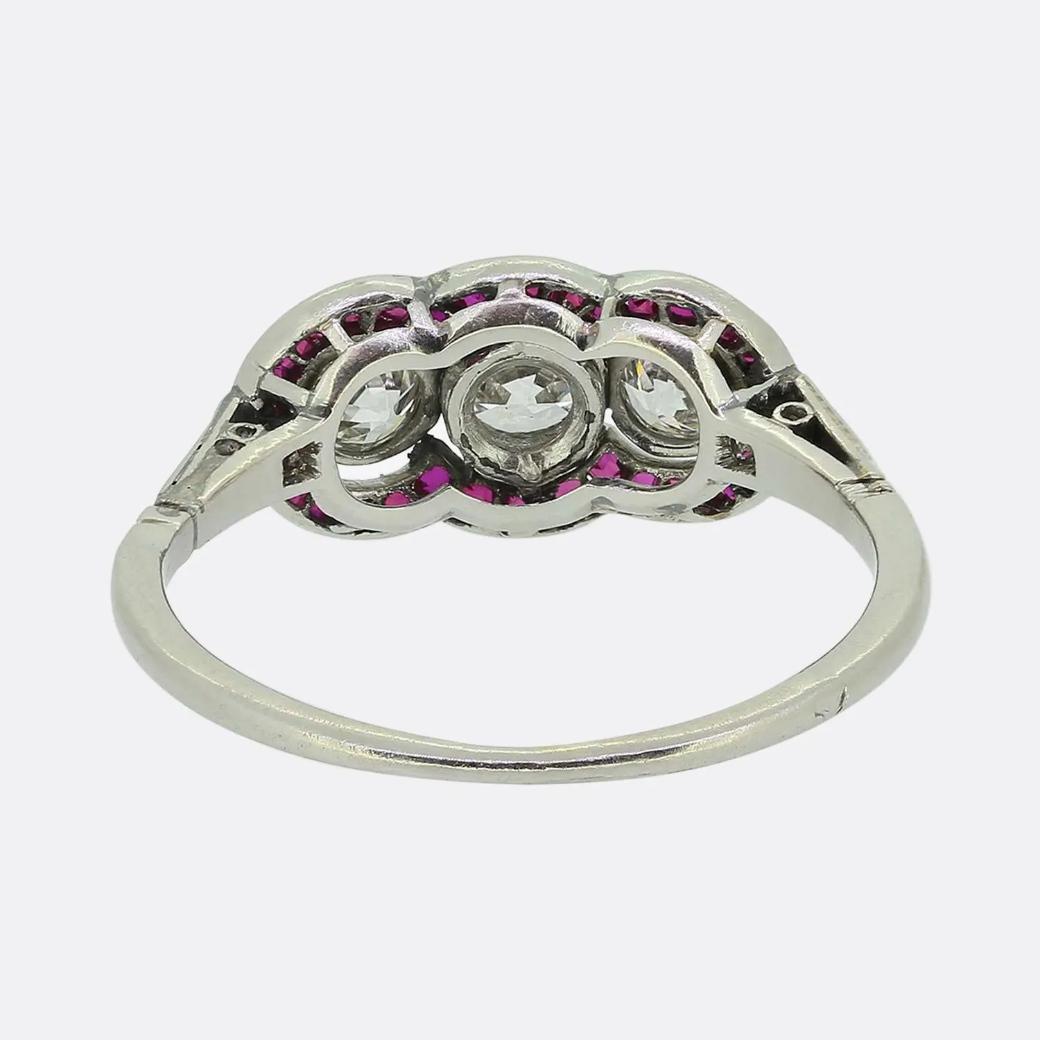 French Art Deco Three-Stone Diamond and Ruby Ring