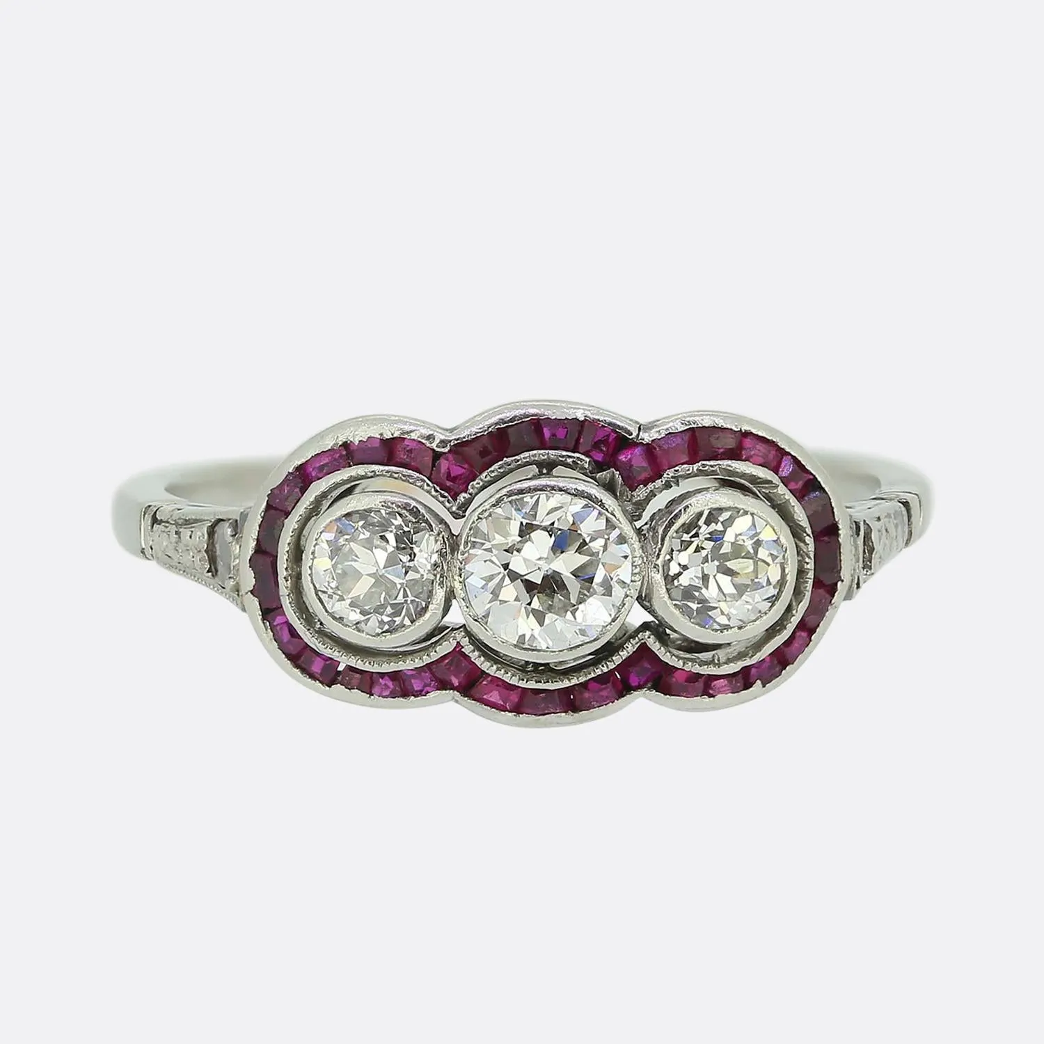 French Art Deco Three-Stone Diamond and Ruby Ring
