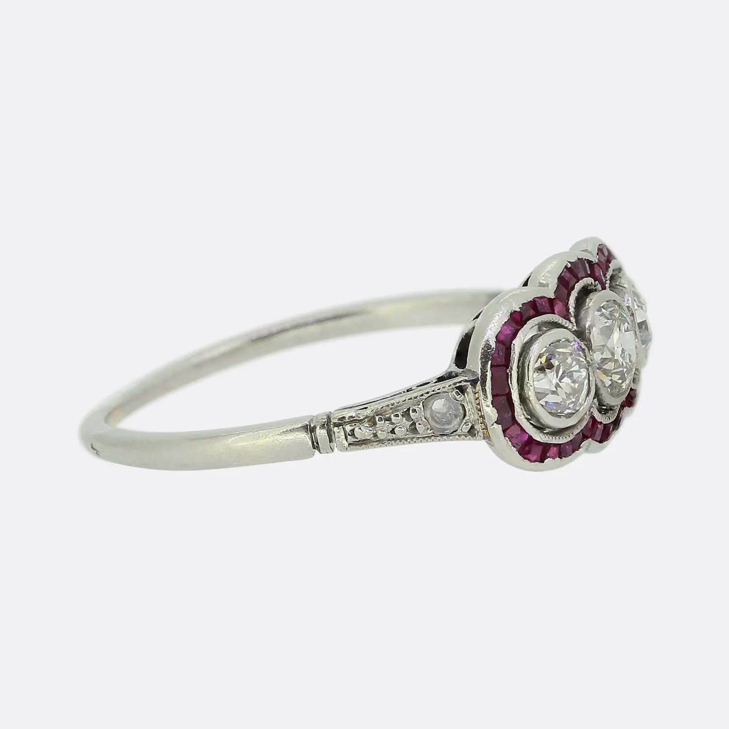 French Art Deco Three-Stone Diamond and Ruby Ring