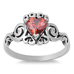 Garnet CZ Heart Swirl Cutout Love Ring New .925 Sterling Silver Band Sizes 5-10