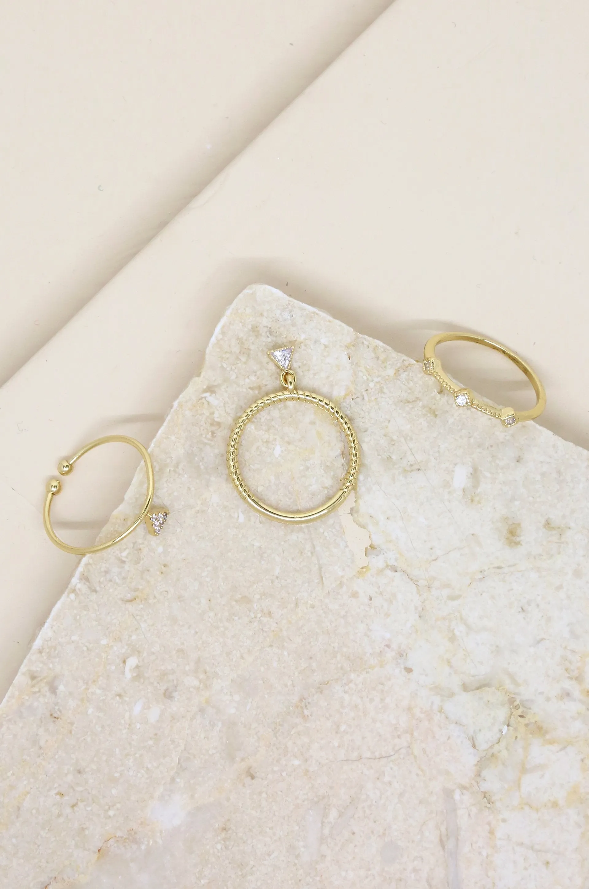 Geometric Dainty 18k Gold Plated Ring Set of 3 with Crystals