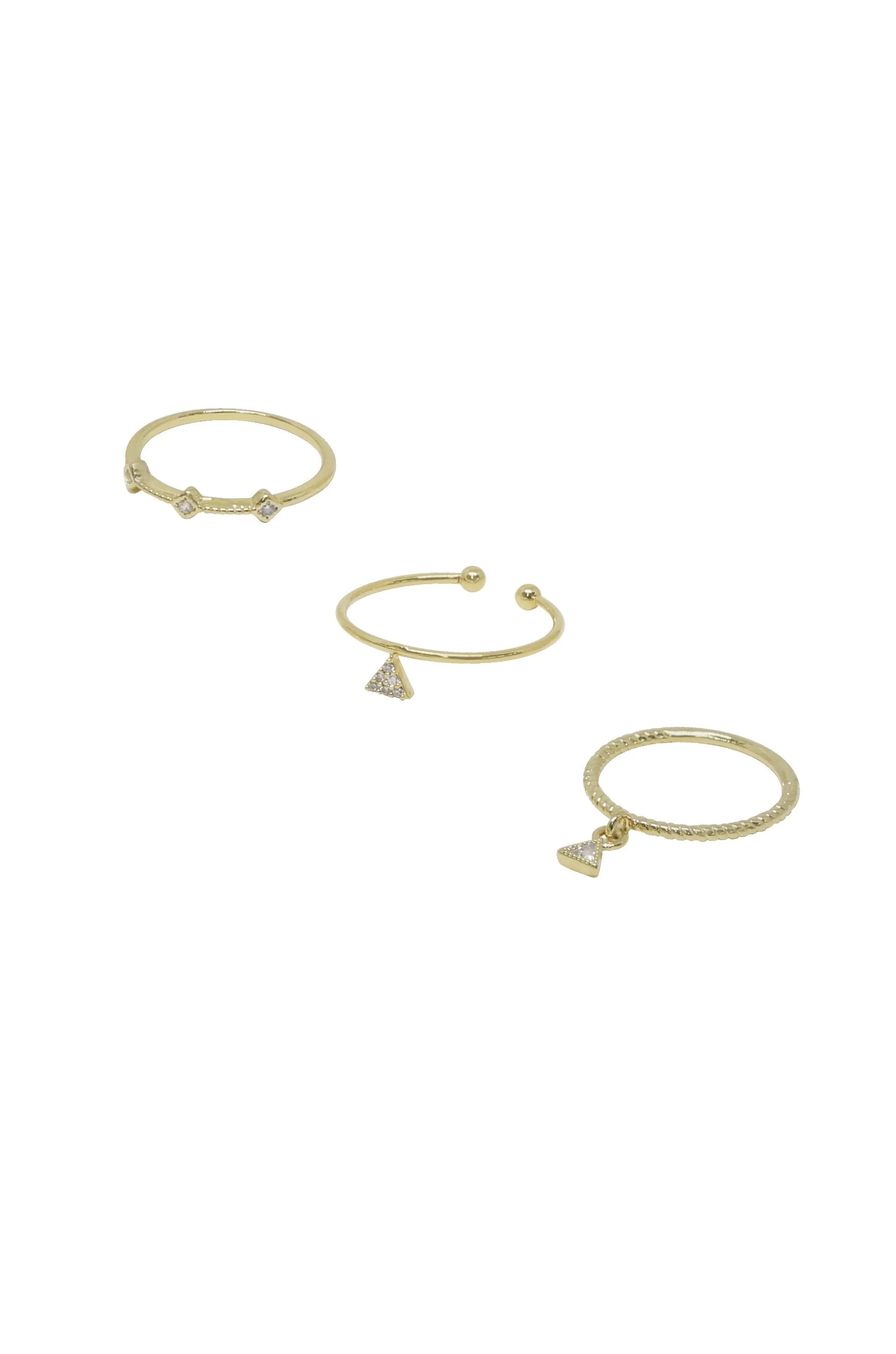 Geometric Dainty 18k Gold Plated Ring Set of 3 with Crystals