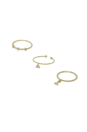Geometric Dainty 18k Gold Plated Ring Set of 3 with Crystals