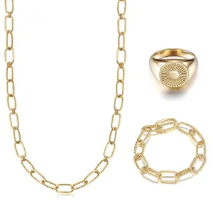 Geometric Rectangle Link Necklace, Bracelet, and Ring Set - Hypoallergenic Gold Jewelry for Women