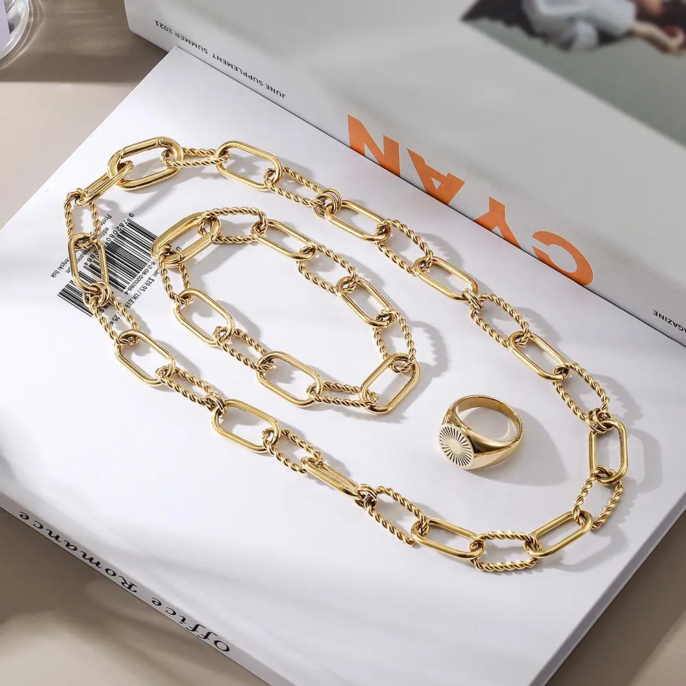 Geometric Rectangle Link Necklace, Bracelet, and Ring Set - Hypoallergenic Gold Jewelry for Women
