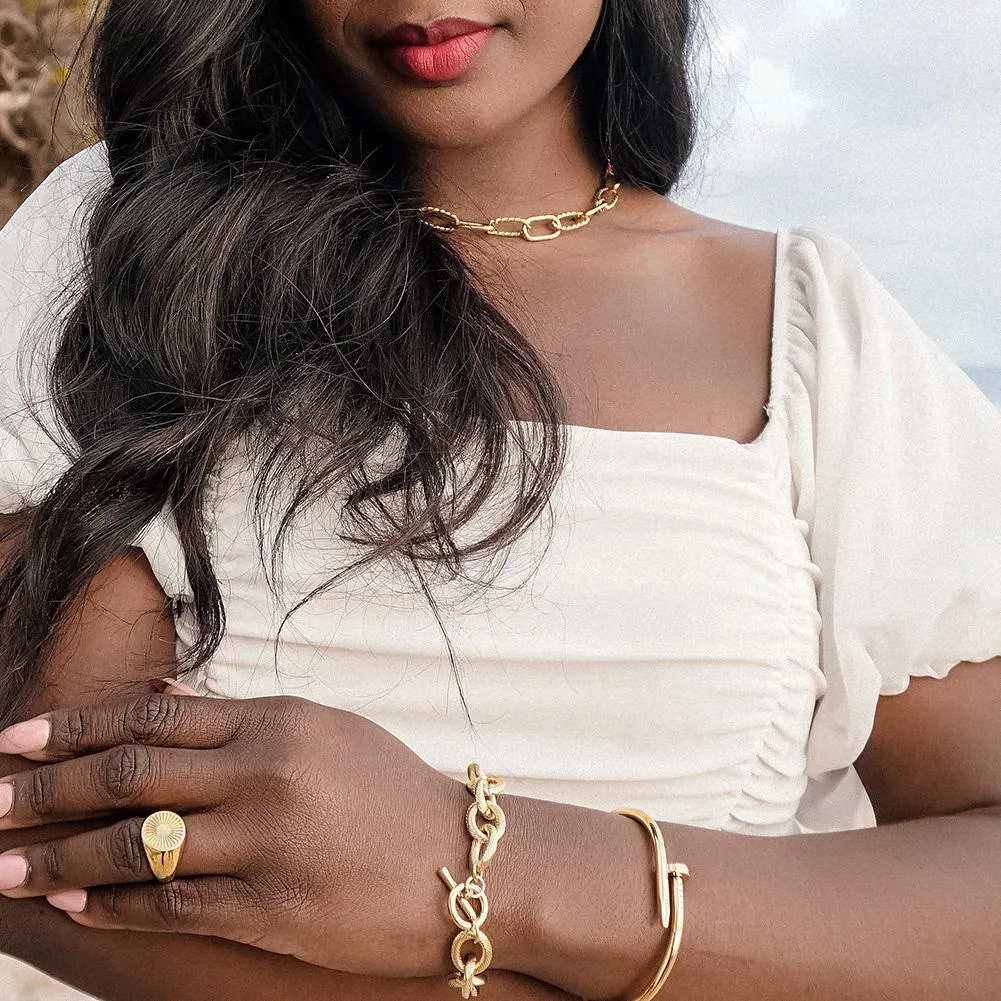 Geometric Rectangle Link Necklace, Bracelet, and Ring Set - Hypoallergenic Gold Jewelry for Women