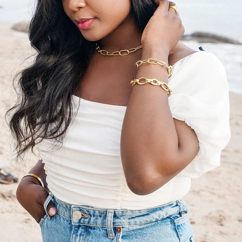 Geometric Rectangle Link Necklace, Bracelet, and Ring Set - Hypoallergenic Gold Jewelry for Women