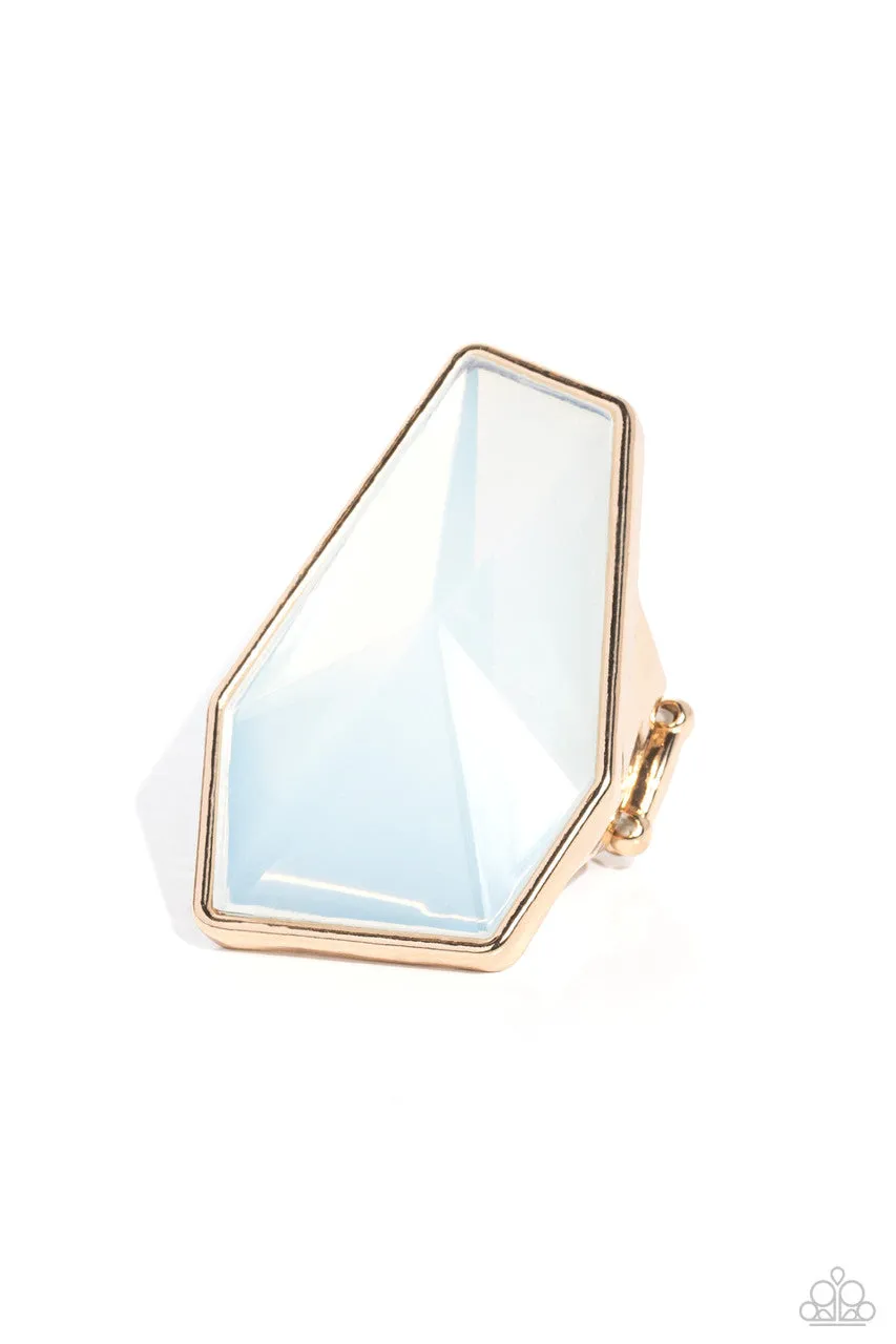 Geotic Glaze - Gold - Oversized White Geometric Opalescent Bead Paparazzi Ring