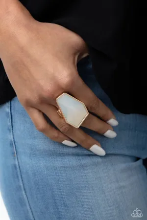 Geotic Glaze - Gold - Oversized White Geometric Opalescent Bead Paparazzi Ring