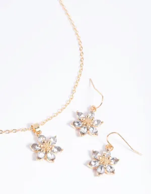 Gold Diamante Flower Necklace & Earrings Set