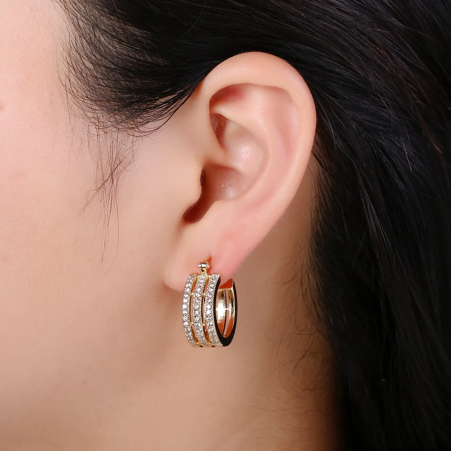 Gold Filled Triple Layered Circle Round Huggies Earring CZ Micro Pave Geometric Shape Earring Jewelry GP-661