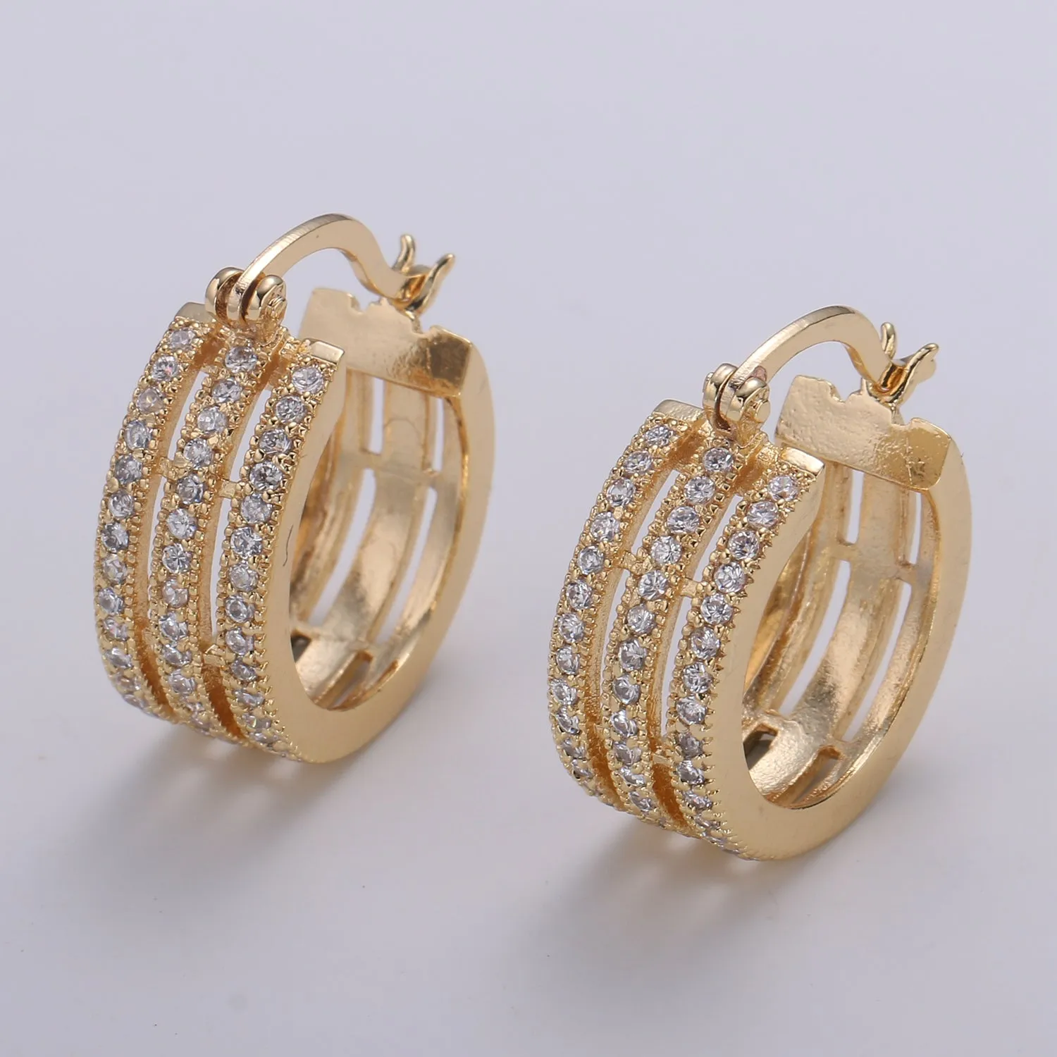 Gold Filled Triple Layered Circle Round Huggies Earring CZ Micro Pave Geometric Shape Earring Jewelry GP-661