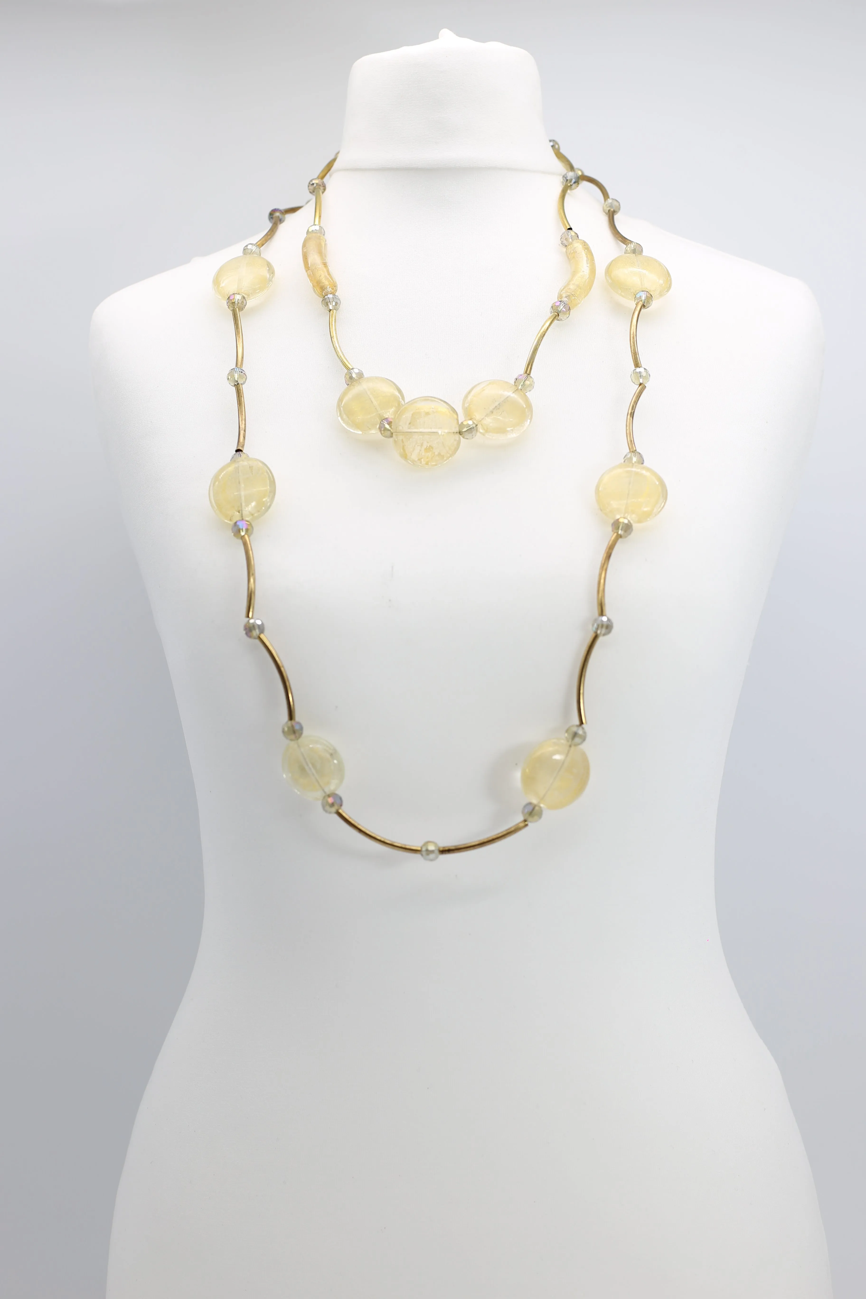 Gold Glass Coin with gold metal tubes necklace - Set