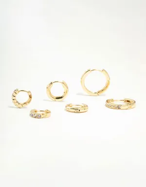 Gold Plated Plain & Diamante Hoop Earrings 3-Pack