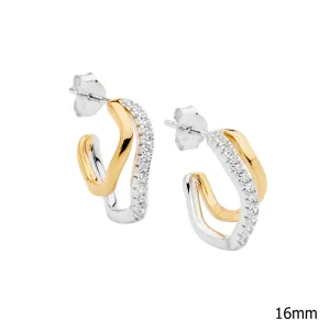 Gold Plated Sterling Silver Double Wave Earrings with Cubic Zirconia E611G