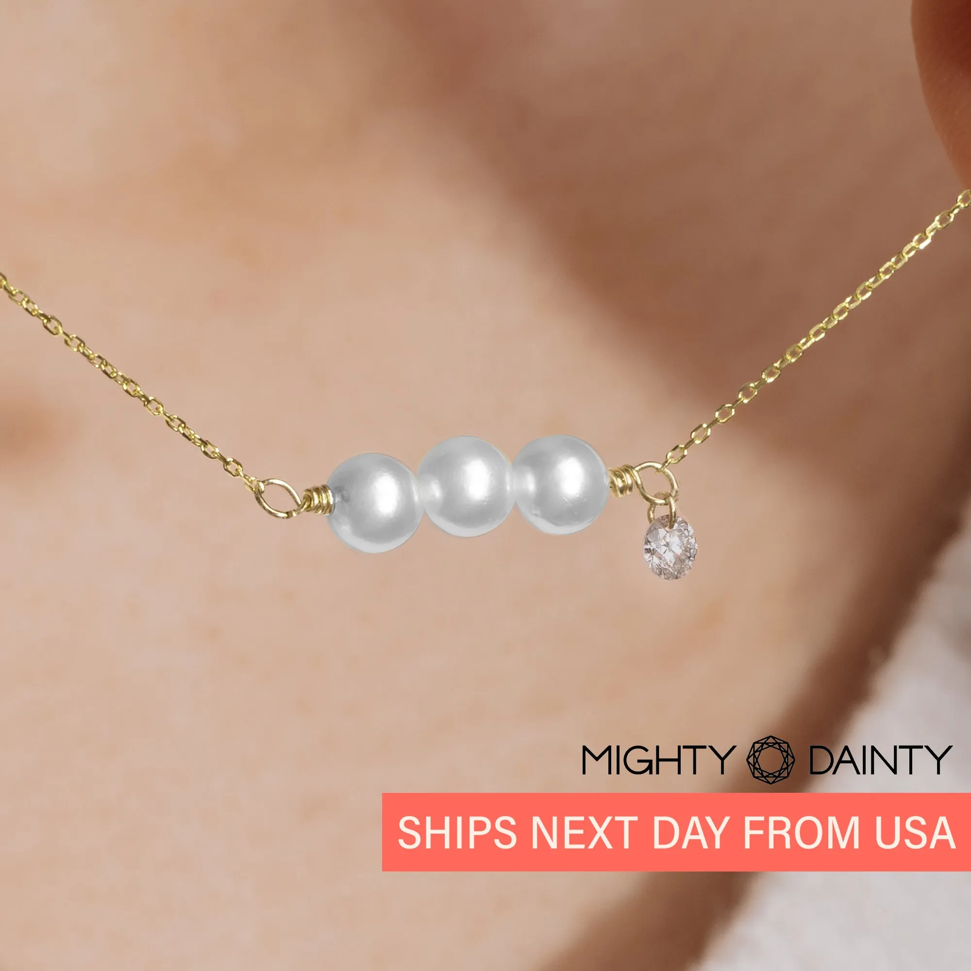 Gold Three Pearls and Diamond Necklace