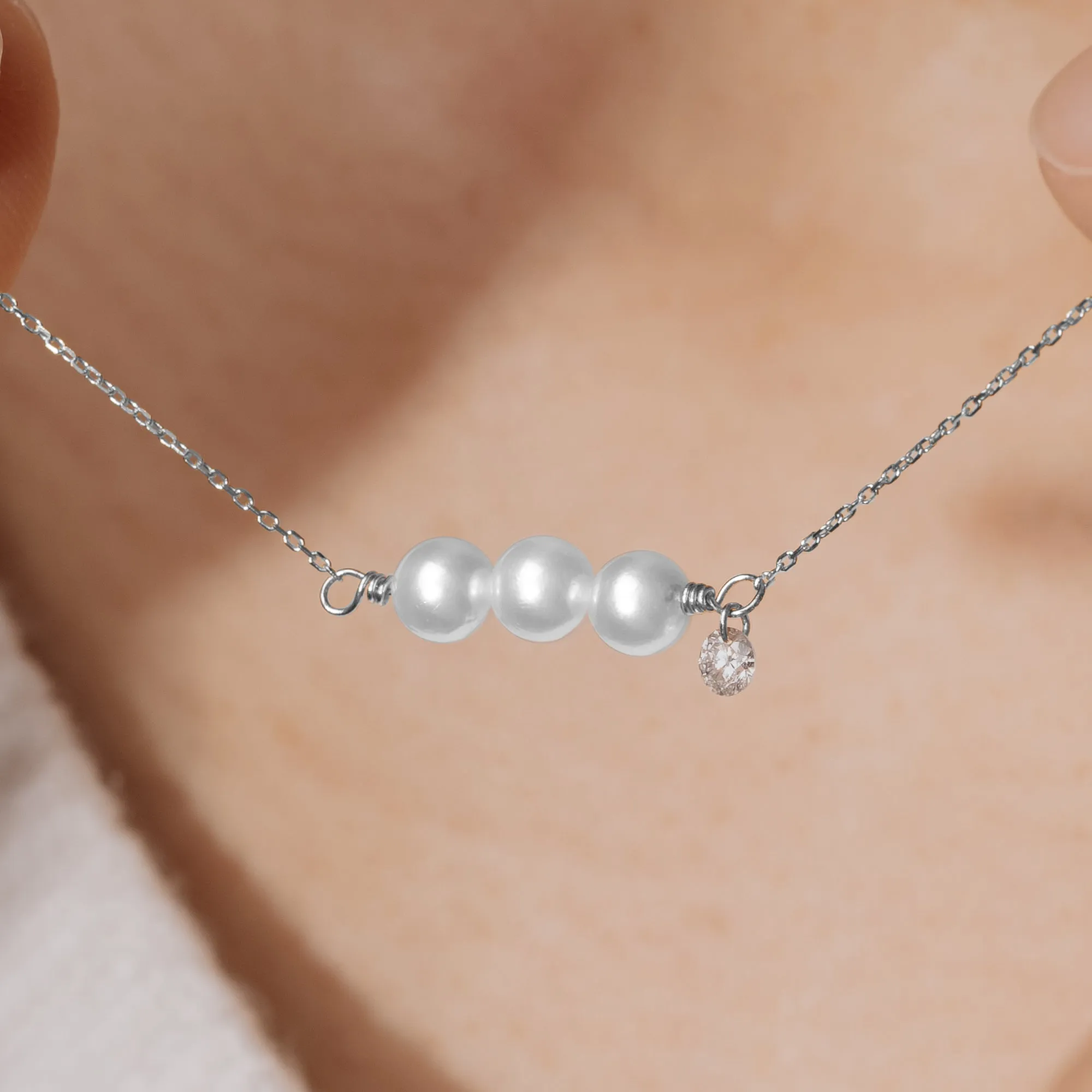 Gold Three Pearls and Diamond Necklace