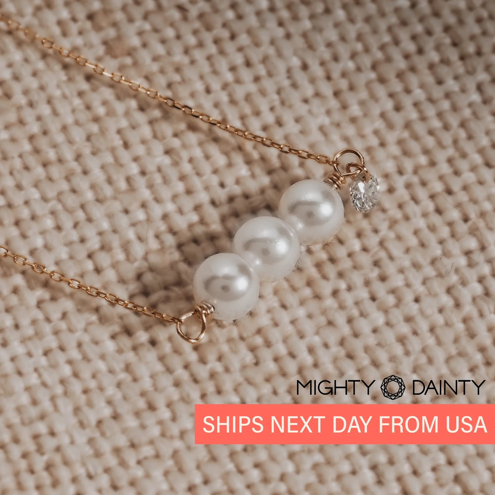 Gold Three Pearls and Diamond Necklace