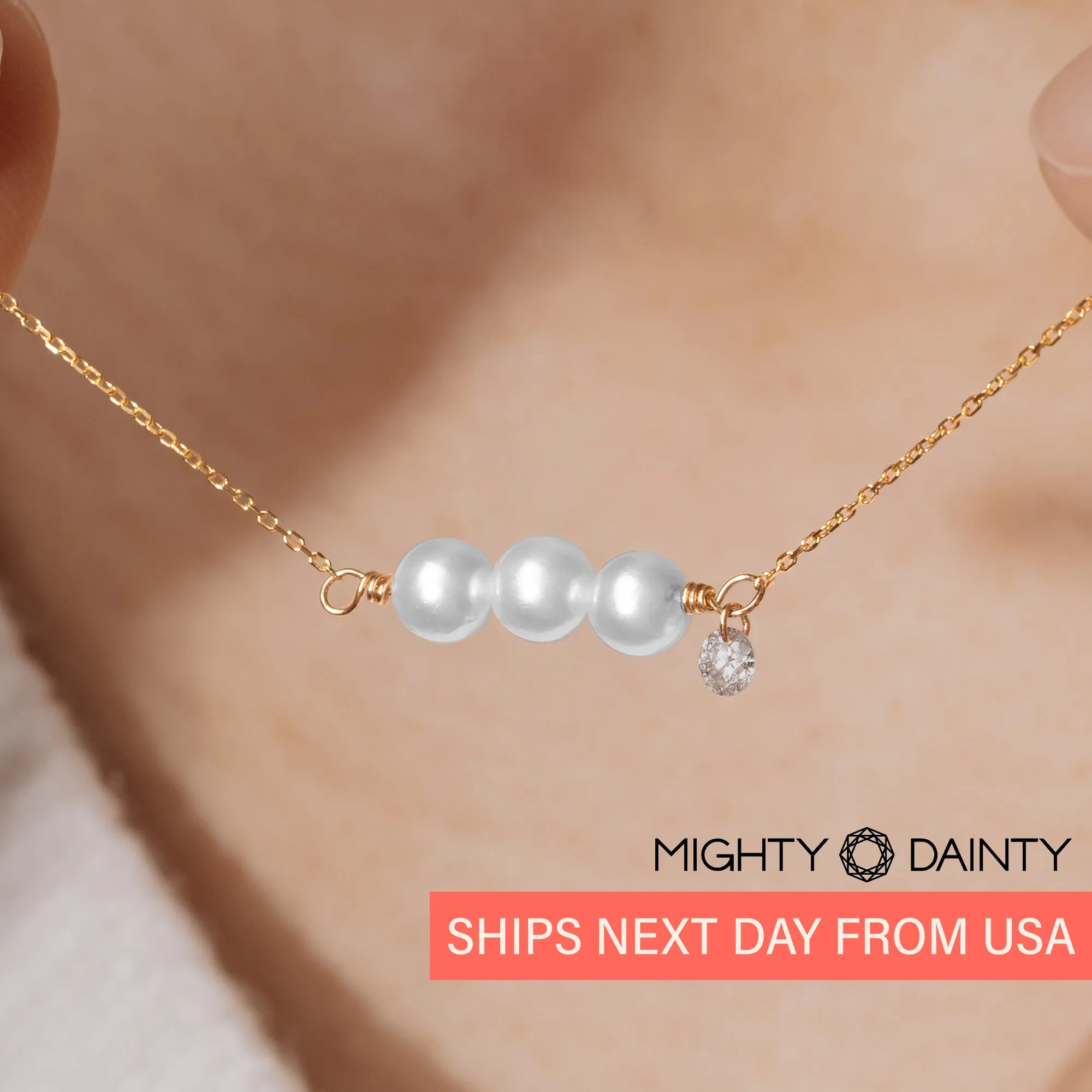 Gold Three Pearls and Diamond Necklace